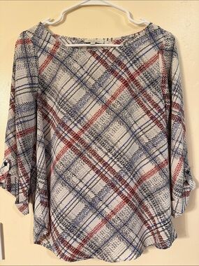 Skies Are Blue White Plaid Blouse with Red & Blue Accents